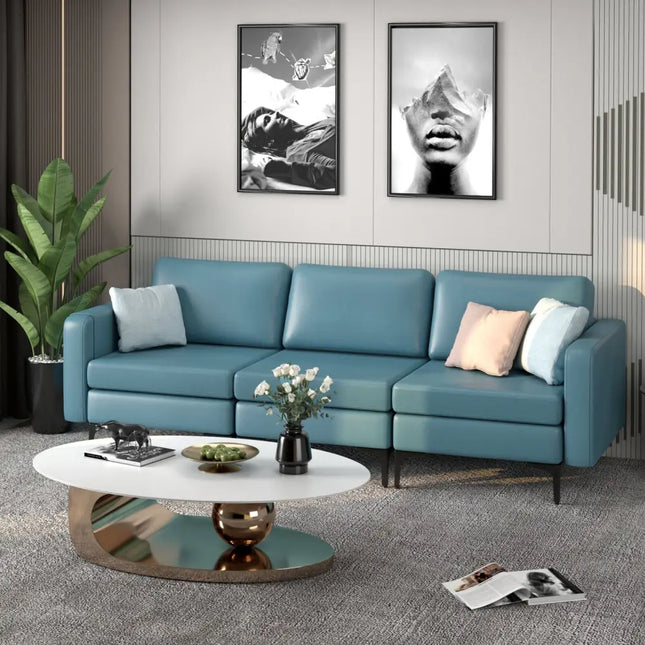 3-Seat Sectional Sofa Couch with Armrest Magazine Pocket and Metal Leg-Blue Costway
