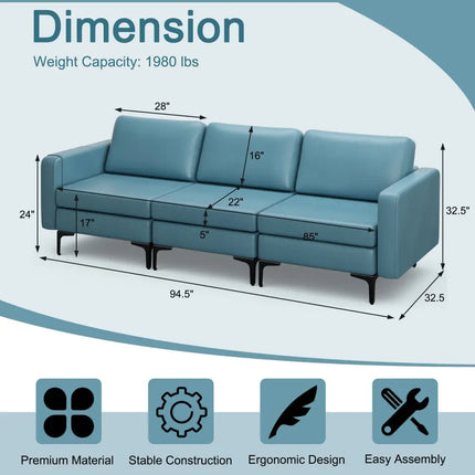 3-Seat Sectional Sofa Couch with Armrest Magazine Pocket and Metal Leg-Blue Costway