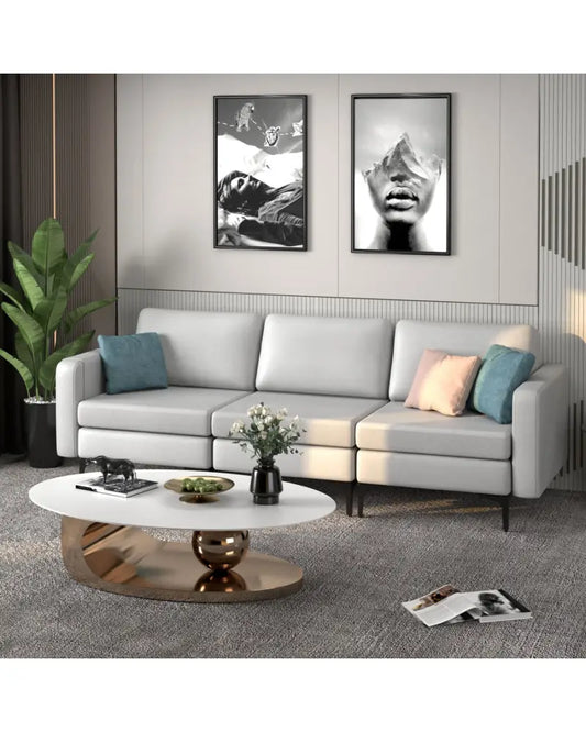 3-Seat Sectional Sofa Couch with Armrest Magazine Pocket and Metal Leg-Light Gray - Light Gray - Sofas & Loveseats