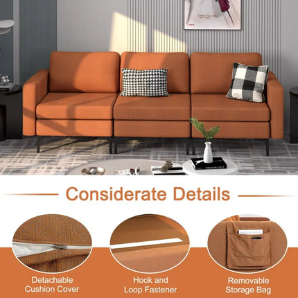 3-Seat Sectional Sofa Couch with Armrest Magazine Pocket and Metal Leg-Orange Costway