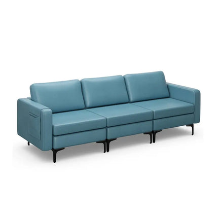 3-Seat Sectional Sofa Couch with Armrest Magazine Pocket and Metal Leg-Blue Costway
