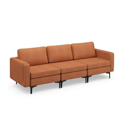 3-Seat Sectional Sofa Couch with Armrest Magazine Pocket and Metal Leg-Orange Costway