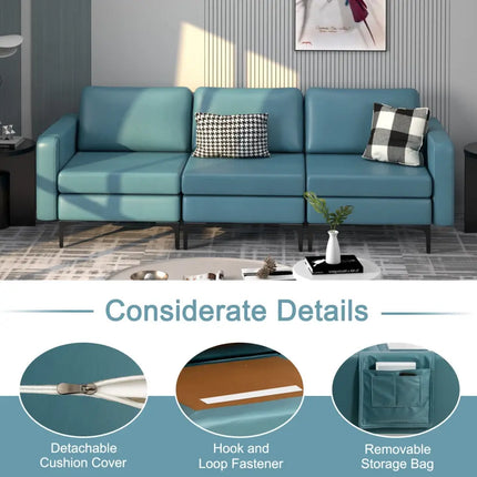 3-Seat Sectional Sofa Couch with Armrest Magazine Pocket and Metal Leg-Blue Costway