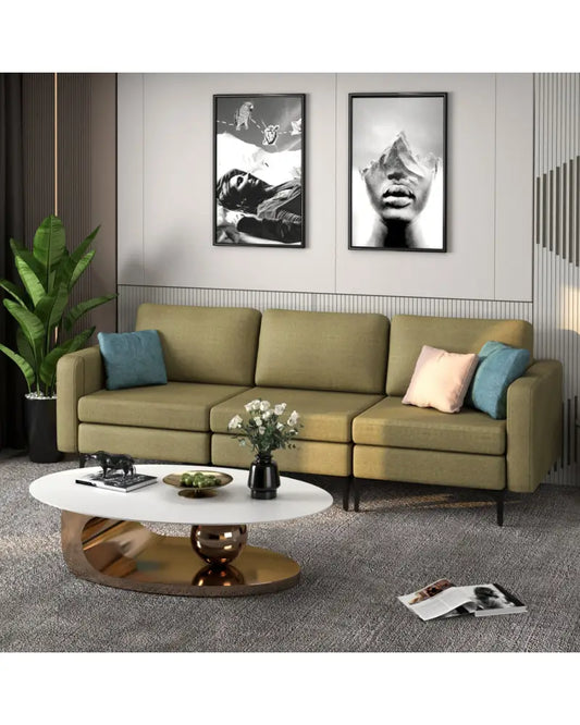 3-Seat Sectional Sofa Couch with Armrest Magazine Pocket and Metal Leg-Green - Green - Sofas & Loveseats
