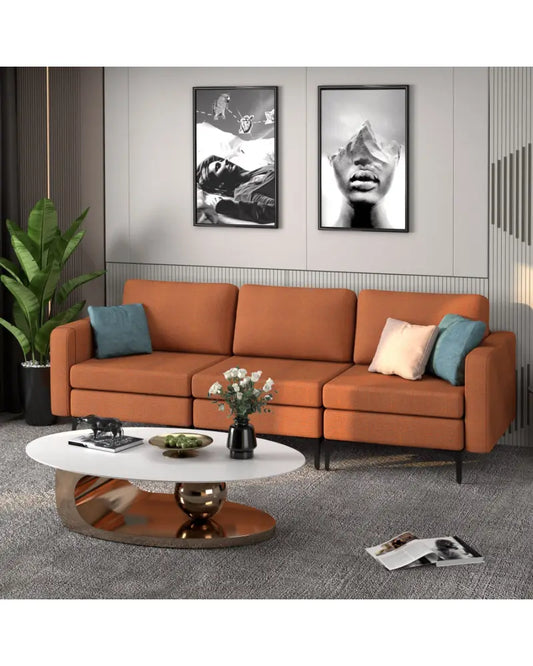 3-Seat Sectional Sofa Couch with Armrest Magazine Pocket and Metal Leg-Orange - Orange - Sofas & Loveseats