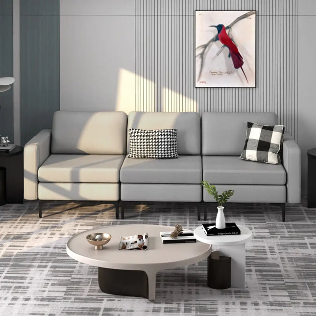 3-Seat Sectional Sofa Couch with Armrest Magazine Pocket and Metal Leg-Light Gray Costway