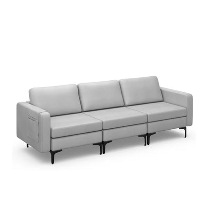 3-Seat Sectional Sofa Couch with Armrest Magazine Pocket and Metal Leg-Light Gray Costway