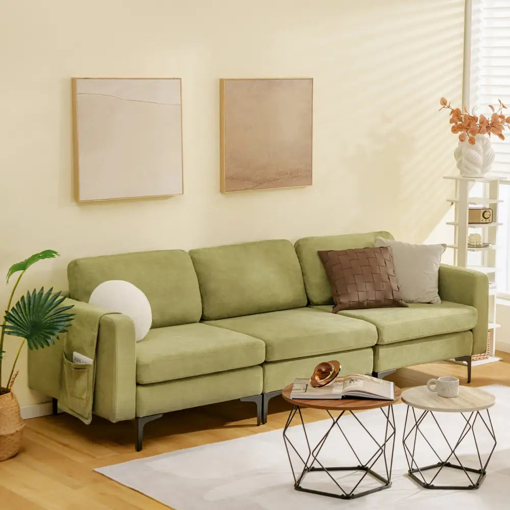 3-Seat Sectional Sofa Couch with Armrest Magazine Pocket and Metal Leg-Green - Green - Sofas & Loveseats