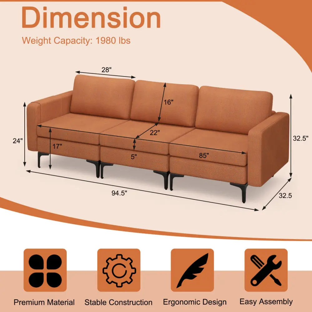 3-Seat Sectional Sofa Couch with Armrest Magazine Pocket and Metal Leg-Orange - Orange - Sofas & Loveseats