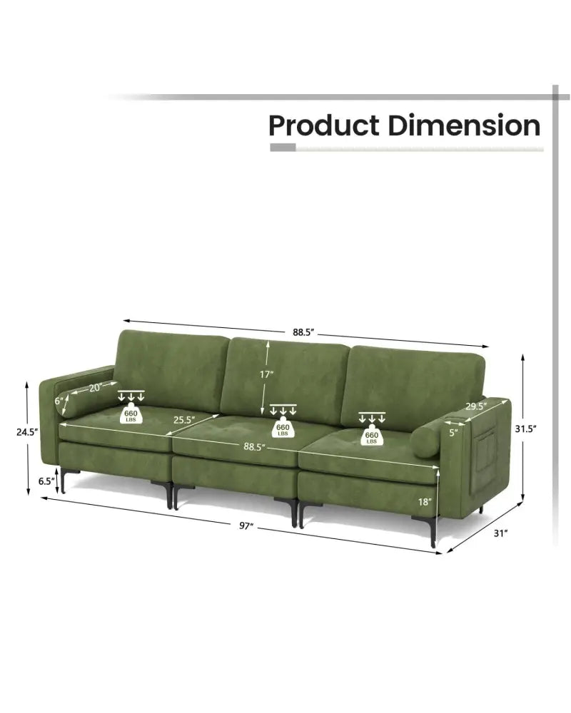 3-Seat Sofa Sectional with Side Storage Pocket and Metal Leg-Army Green - Dark Green - Sofas & Loveseats
