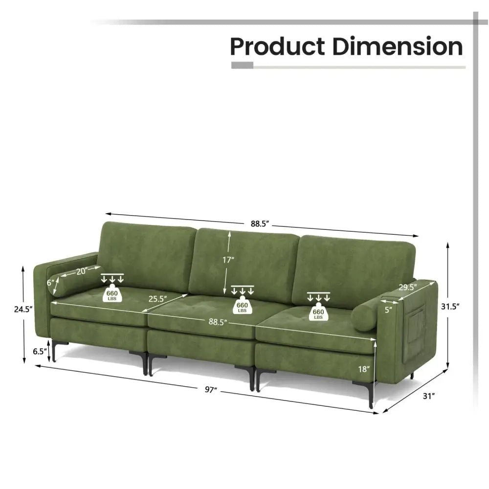 3-Seat Sofa Sectional with Side Storage Pocket and Metal Leg-Army Green - Dark Green - Sofas & Loveseats