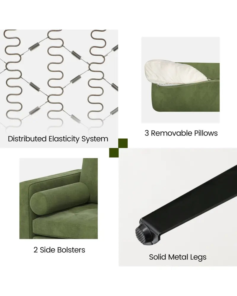 3-Seat Sofa Sectional with Side Storage Pocket and Metal Leg-Army Green - Dark Green - Sofas & Loveseats