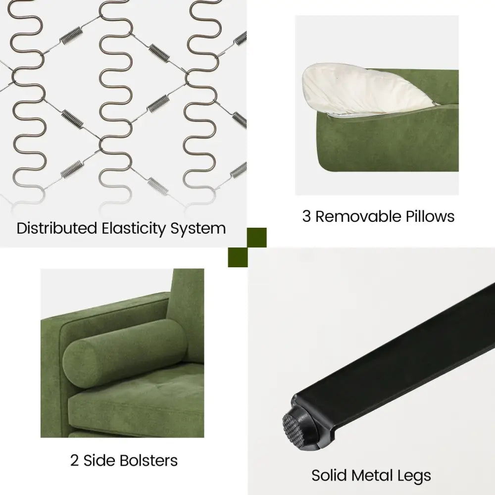 3-Seat Sofa Sectional with Side Storage Pocket and Metal Leg-Army Green - Dark Green - Sofas & Loveseats