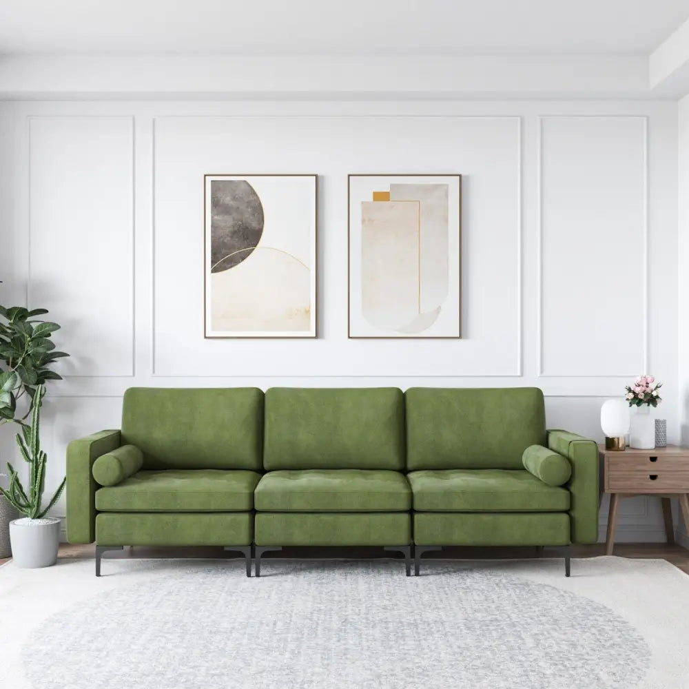 3-Seat Sofa Sectional with Side Storage Pocket and Metal Leg-Army Green - Dark Green - Sofas & Loveseats