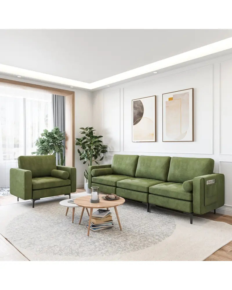 3-Seat Sofa Sectional with Side Storage Pocket and Metal Leg-Army Green - Dark Green - Sofas & Loveseats