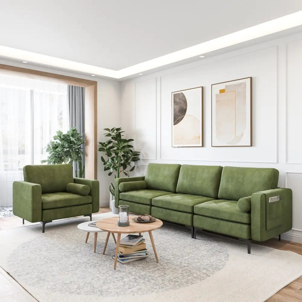 3-Seat Sofa Sectional with Side Storage Pocket and Metal Leg-Army Green - Dark Green - Sofas & Loveseats