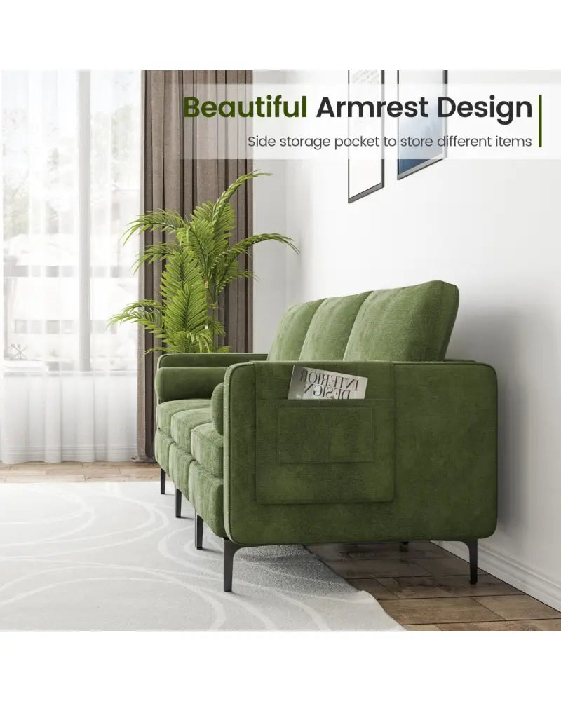 3-Seat Sofa Sectional with Side Storage Pocket and Metal Leg-Army Green - Dark Green - Sofas & Loveseats