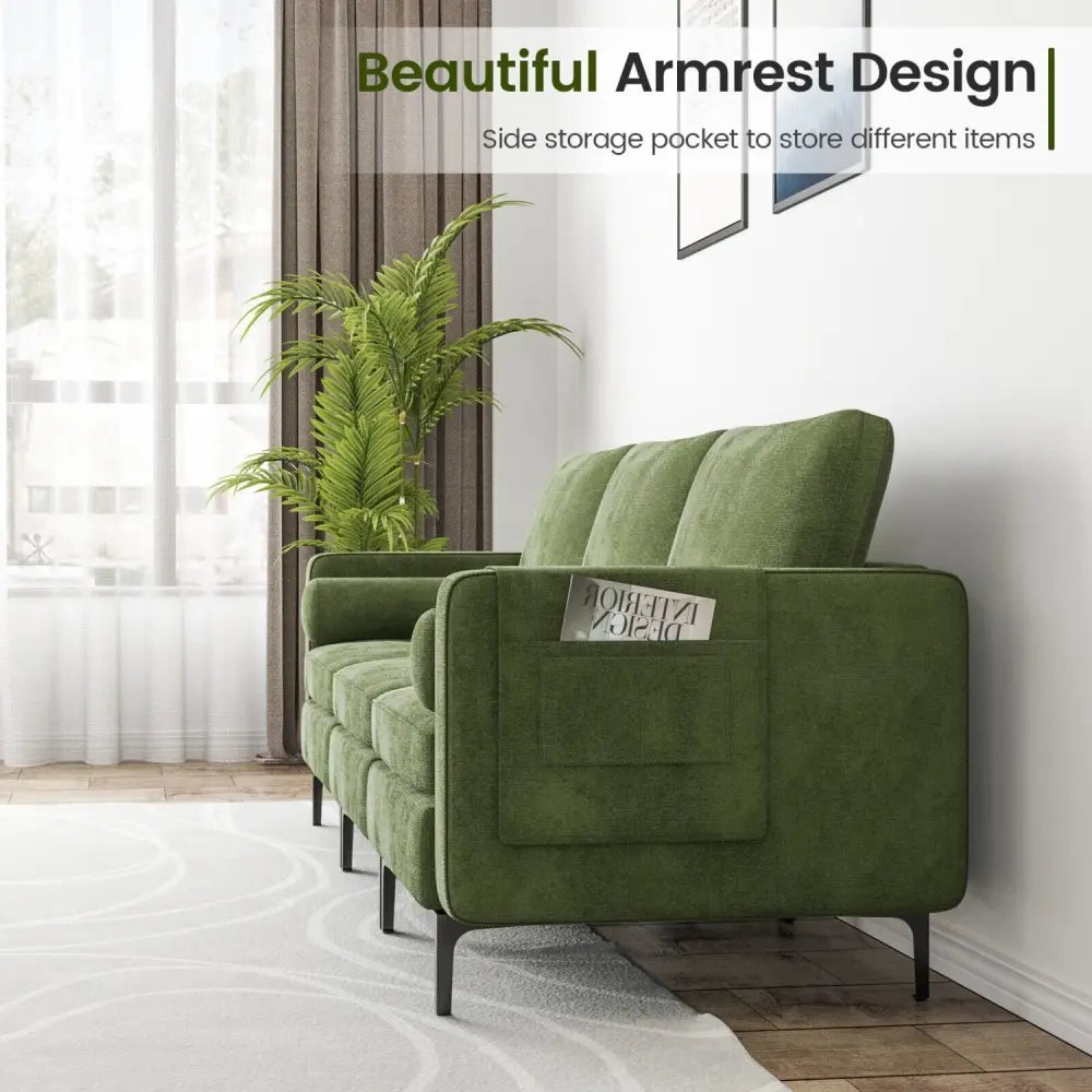 3-Seat Sofa Sectional with Side Storage Pocket and Metal Leg-Army Green - Dark Green - Sofas & Loveseats