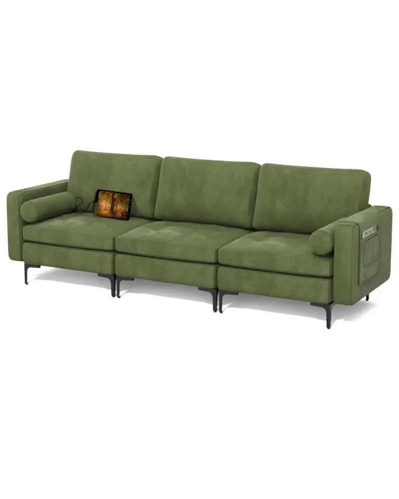 3-Seat Sofa Sectional with Side Storage Pocket and Metal Leg-Army Green - Dark Green - Sofas & Loveseats