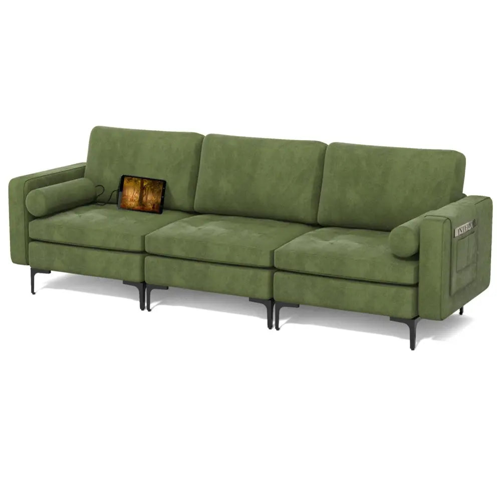3-Seat Sofa Sectional with Side Storage Pocket and Metal Leg-Army Green - Dark Green - Sofas & Loveseats
