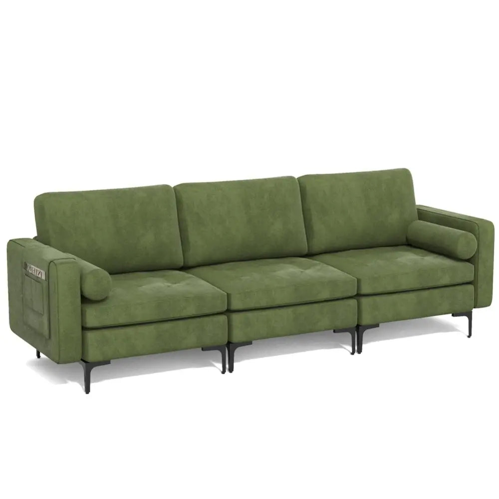 3-Seat Sofa Sectional with Side Storage Pocket and Metal Leg-Army Green - Dark Green - Sofas & Loveseats