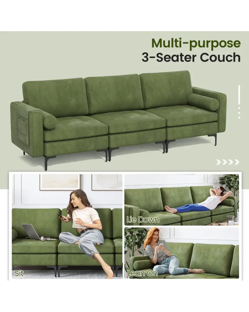 3-Seat Sofa Sectional with Side Storage Pocket and Metal Leg-Army Green - Dark Green - Sofas & Loveseats