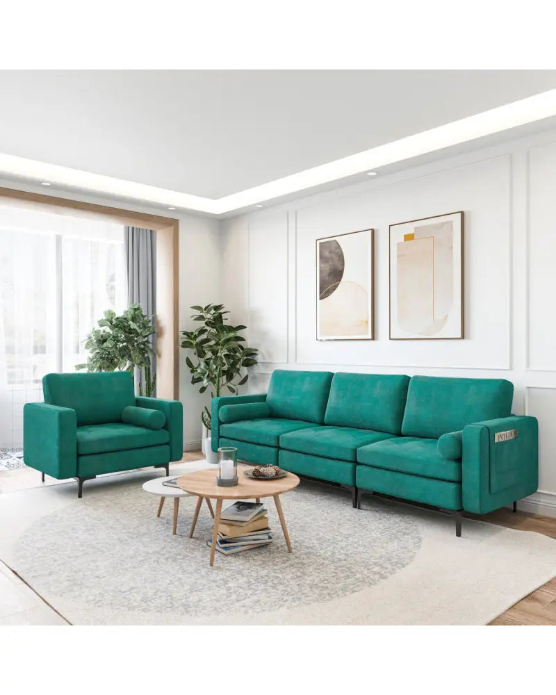 3-Seat Sofa Sectional with Side Storage Pocket and Metal Leg-3-Seat - Teal - Sofas & Loveseats