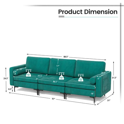 3-Seat Sofa Sectional with Side Storage Pocket and Metal Leg-3-Seat - Teal - Sofas & Loveseats