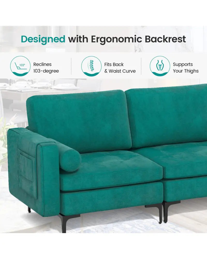 3-Seat Sofa Sectional with Side Storage Pocket and Metal Leg-3-Seat - Teal - Sofas & Loveseats