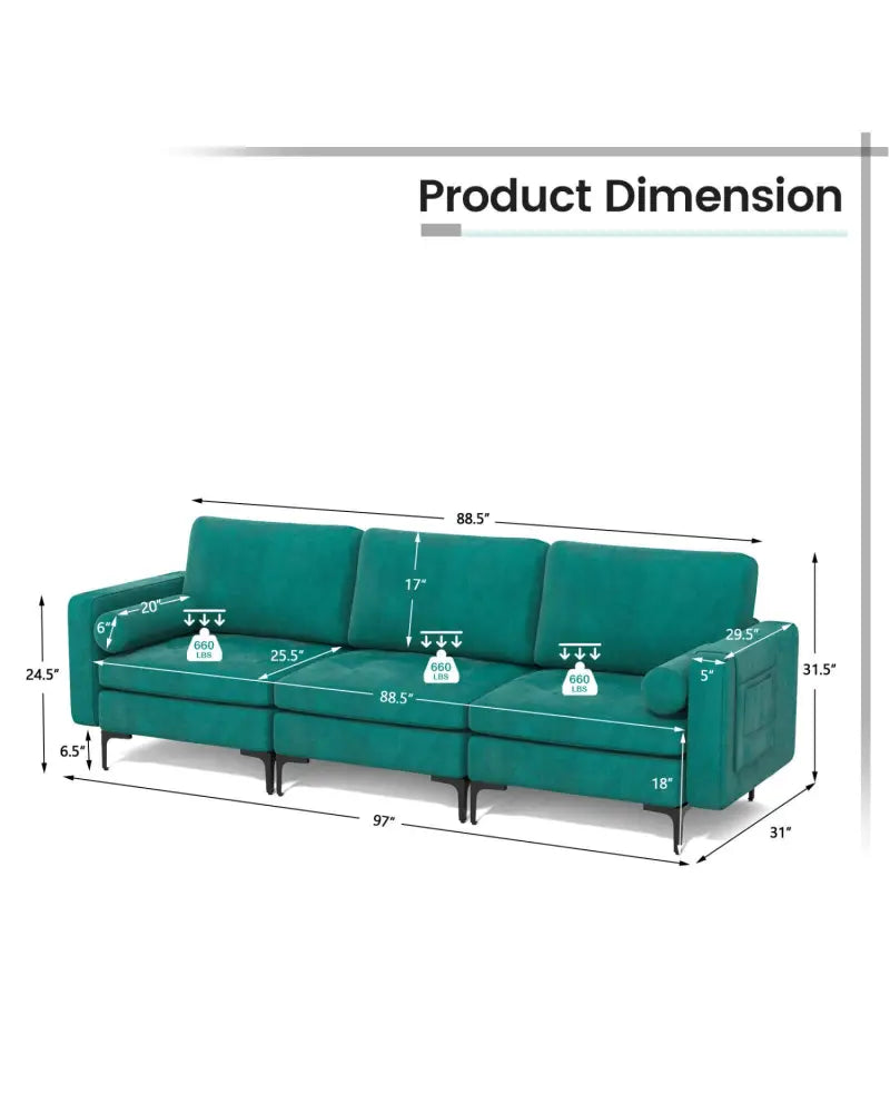 3-Seat Sofa Sectional with Side Storage Pocket and Metal Leg-3-Seat - Teal - Sofas & Loveseats