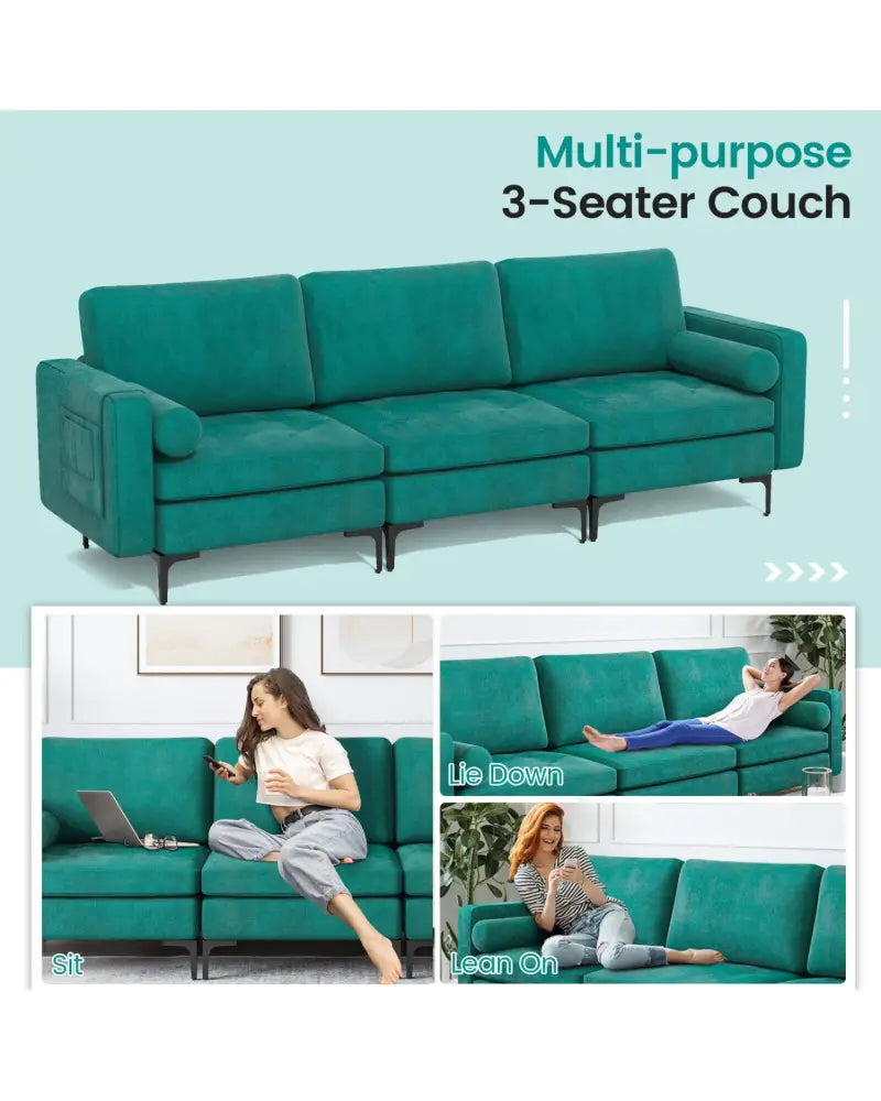 3-Seat Sofa Sectional with Side Storage Pocket and Metal Leg-3-Seat - Teal - Sofas & Loveseats