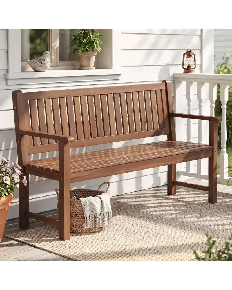 3-Seater Outdoor Wooden Bench 59 inch Large Garden Bench with Backrest-Brown - Brown - Outdoor Benches