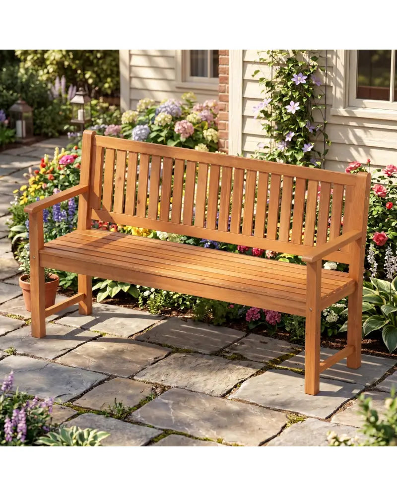 3-Seater Outdoor Wooden Bench 59 inch Large Garden Bench with Backrest-Yellow - Yellow - Outdoor Benches