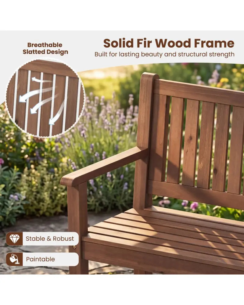 3-Seater Outdoor Wooden Bench 59 inch Large Garden Bench with Backrest-Brown - Brown - Outdoor Benches