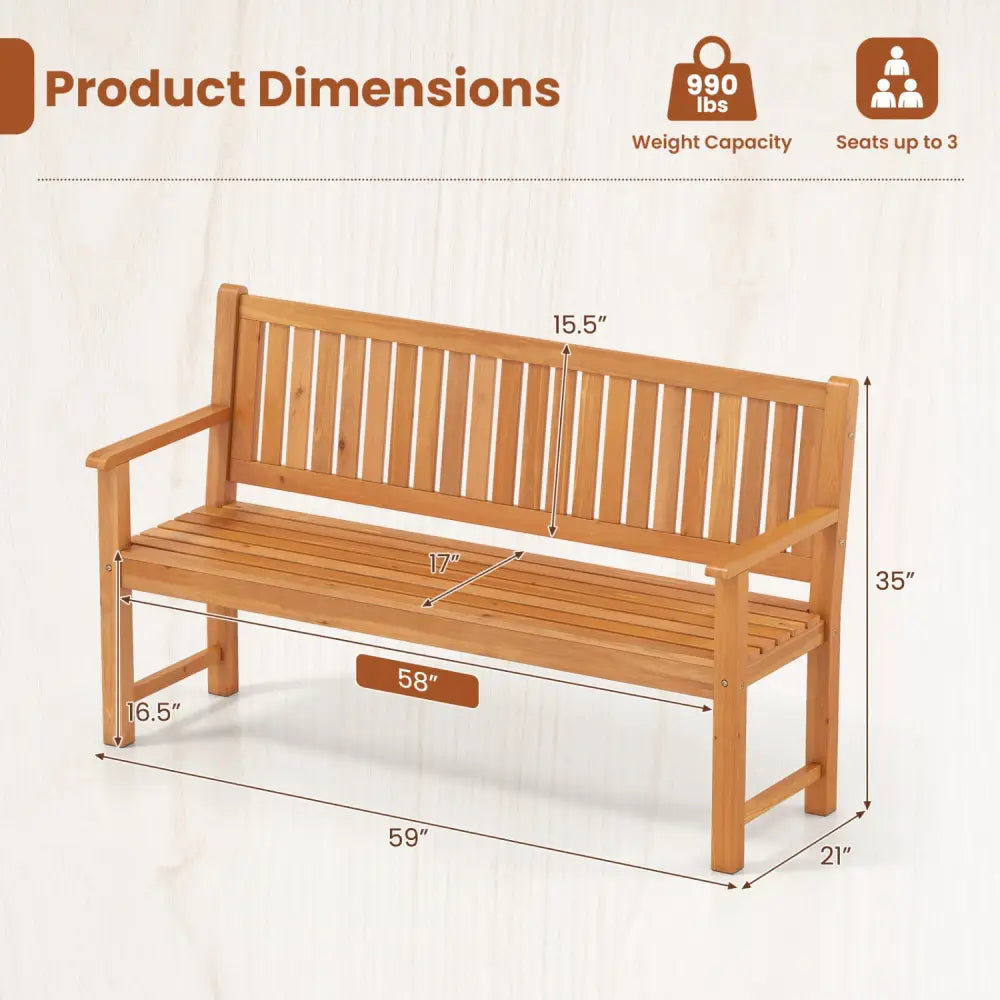 3-Seater Outdoor Wooden Bench 59 inch Large Garden Bench with Backrest-Yellow - Yellow - Outdoor Benches
