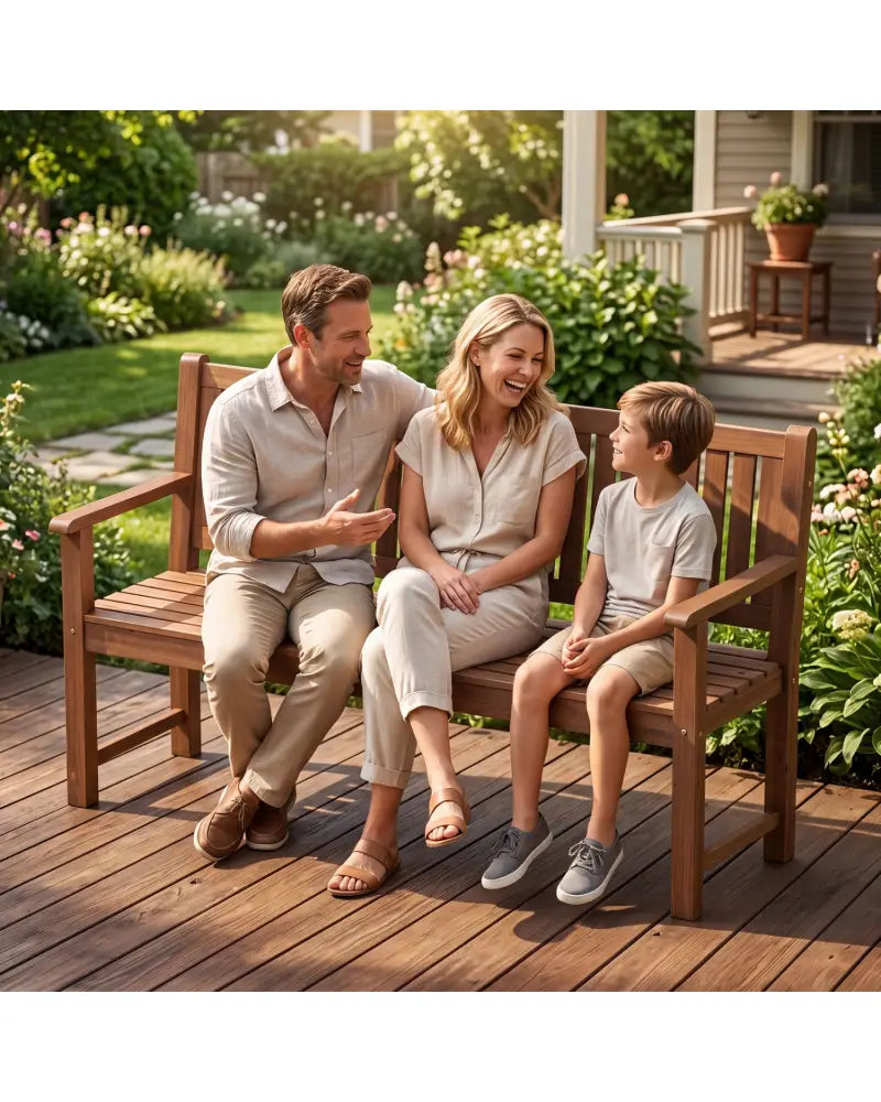 3-Seater Outdoor Wooden Bench 59 inch Large Garden Bench with Backrest-Brown - Brown - Outdoor Benches