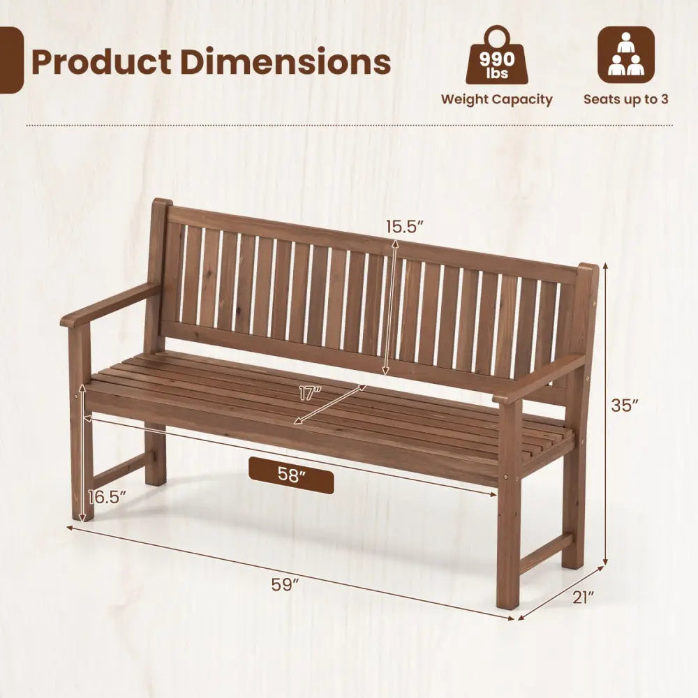 3-Seater Outdoor Wooden Bench 59 inch Large Garden Bench with Backrest-Brown - Brown - Outdoor Benches