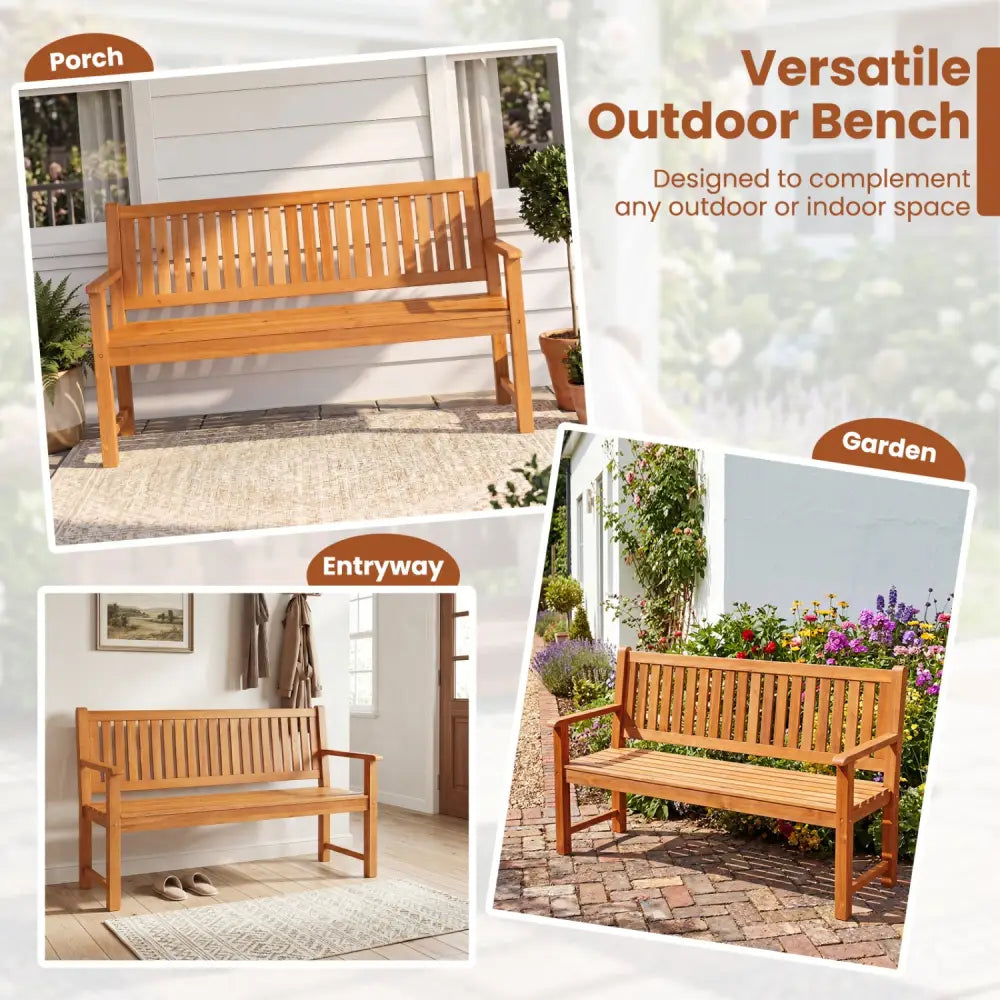 3-Seater Outdoor Wooden Bench 59 inch Large Garden Bench with Backrest-Yellow - Yellow - Outdoor Benches