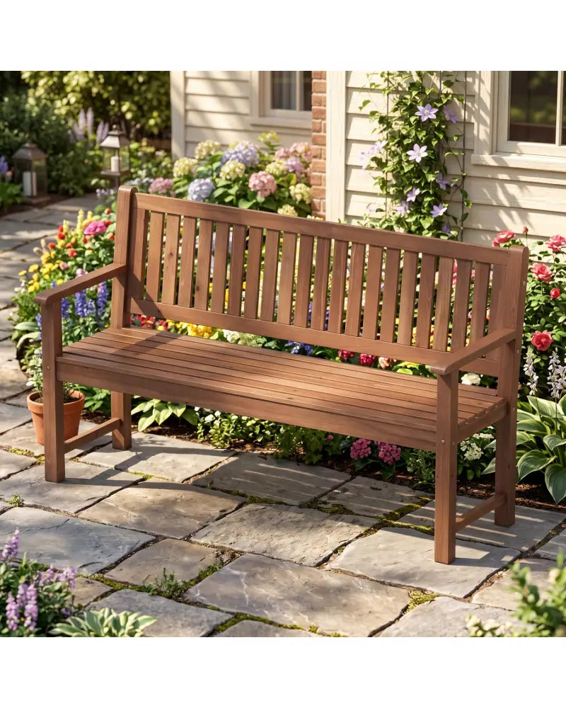 3-Seater Outdoor Wooden Bench 59 inch Large Garden Bench with Backrest-Brown - Brown - Outdoor Benches