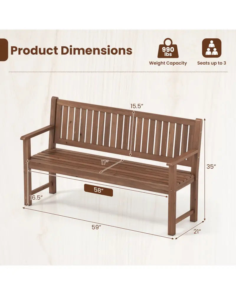 3-Seater Outdoor Wooden Bench 59 inch Large Garden Bench with Backrest-Brown - Brown - Outdoor Benches