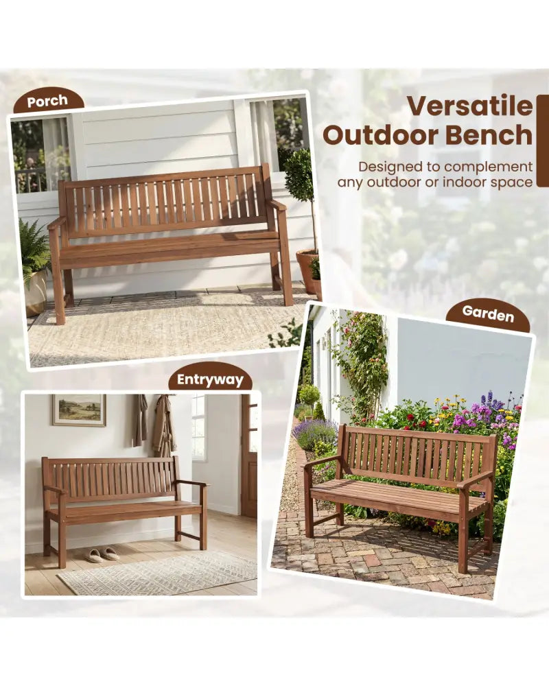 3-Seater Outdoor Wooden Bench 59 inch Large Garden Bench with Backrest-Brown - Brown - Outdoor Benches