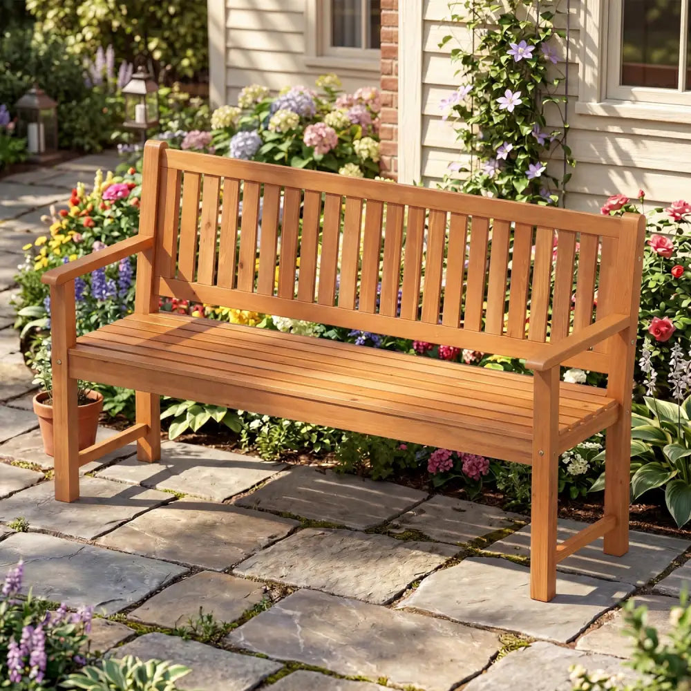 3-Seater Outdoor Wooden Bench 59 inch Large Garden Bench with Backrest-Yellow - Yellow - Outdoor Benches