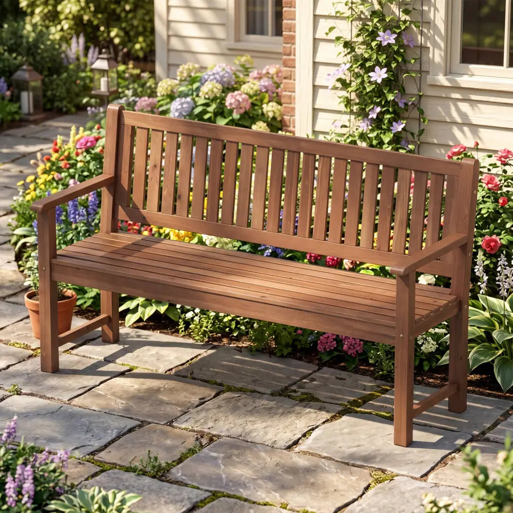 3-Seater Outdoor Wooden Bench 59 inch Large Garden Bench with Backrest-Brown - Brown - Outdoor Benches