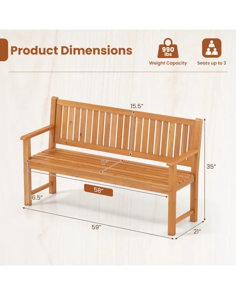 3-Seater Outdoor Wooden Bench 59 inch Large Garden Bench with Backrest-Yellow - Yellow - Outdoor Benches