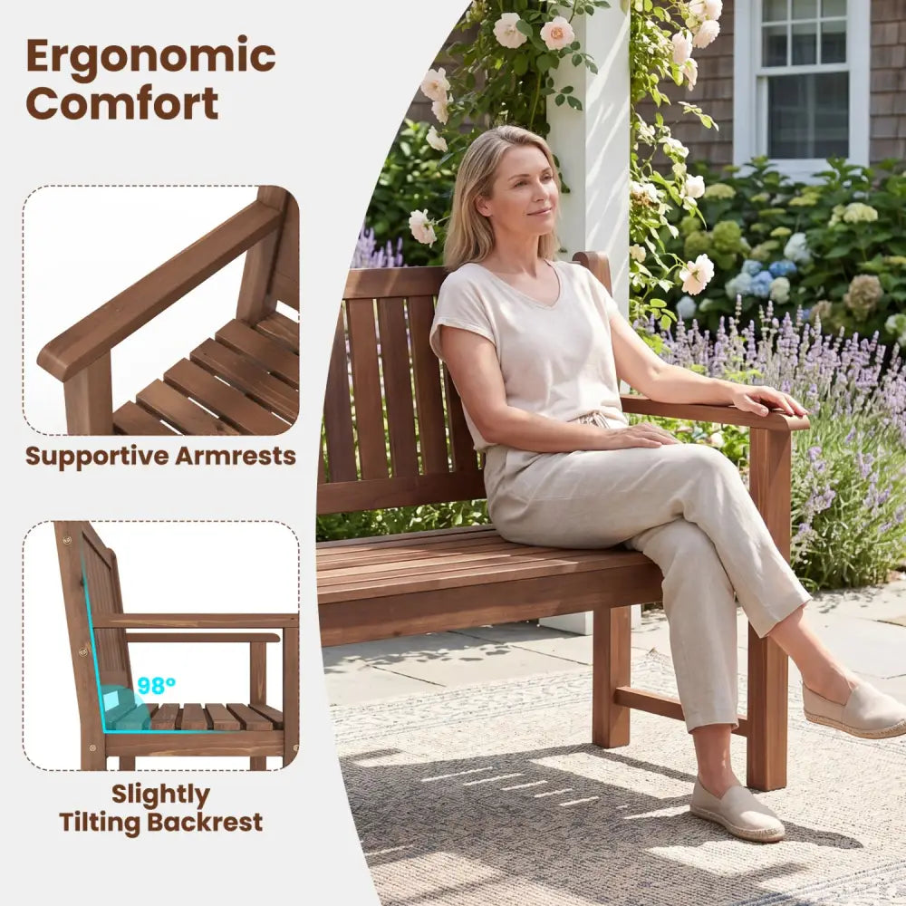 3-Seater Outdoor Wooden Bench 59 inch Large Garden Bench with Backrest-Brown - Brown - Outdoor Benches