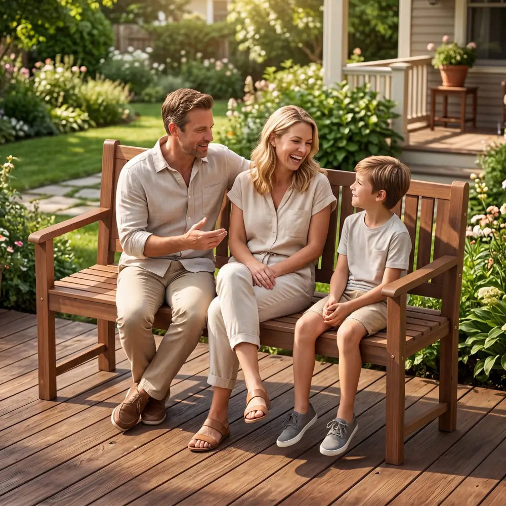3-Seater Outdoor Wooden Bench 59 inch Large Garden Bench with Backrest-Brown - Brown - Outdoor Benches