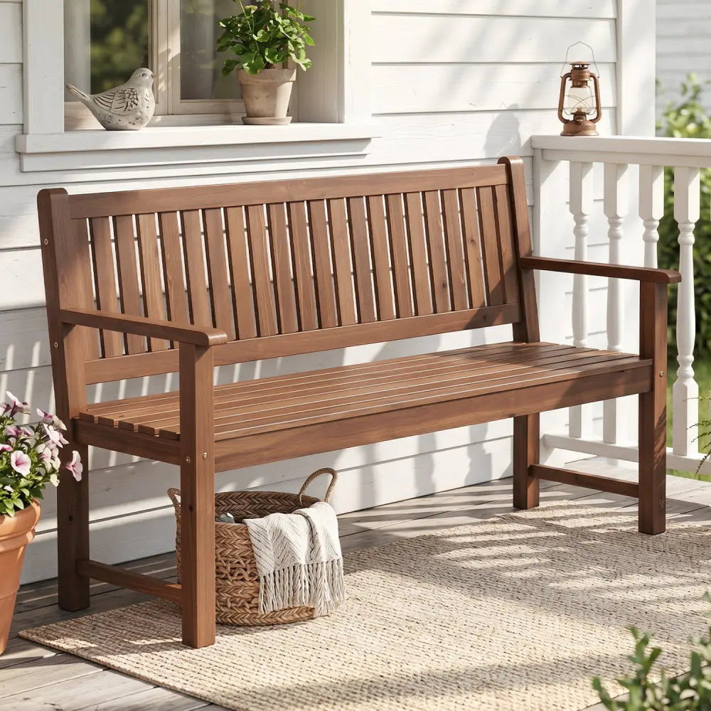 3-Seater Outdoor Wooden Bench 59 inch Large Garden Bench with Backrest-Brown - Brown - Outdoor Benches