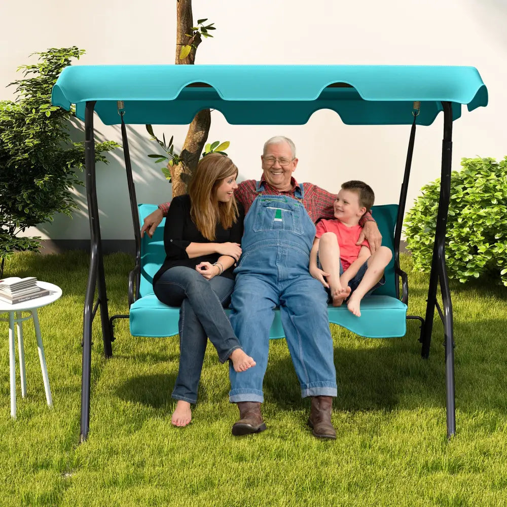 3 Seats Patio Canopy Cushioned Steel Frame Swing Glider Hammock-Blue - Blue - Porch Swings
