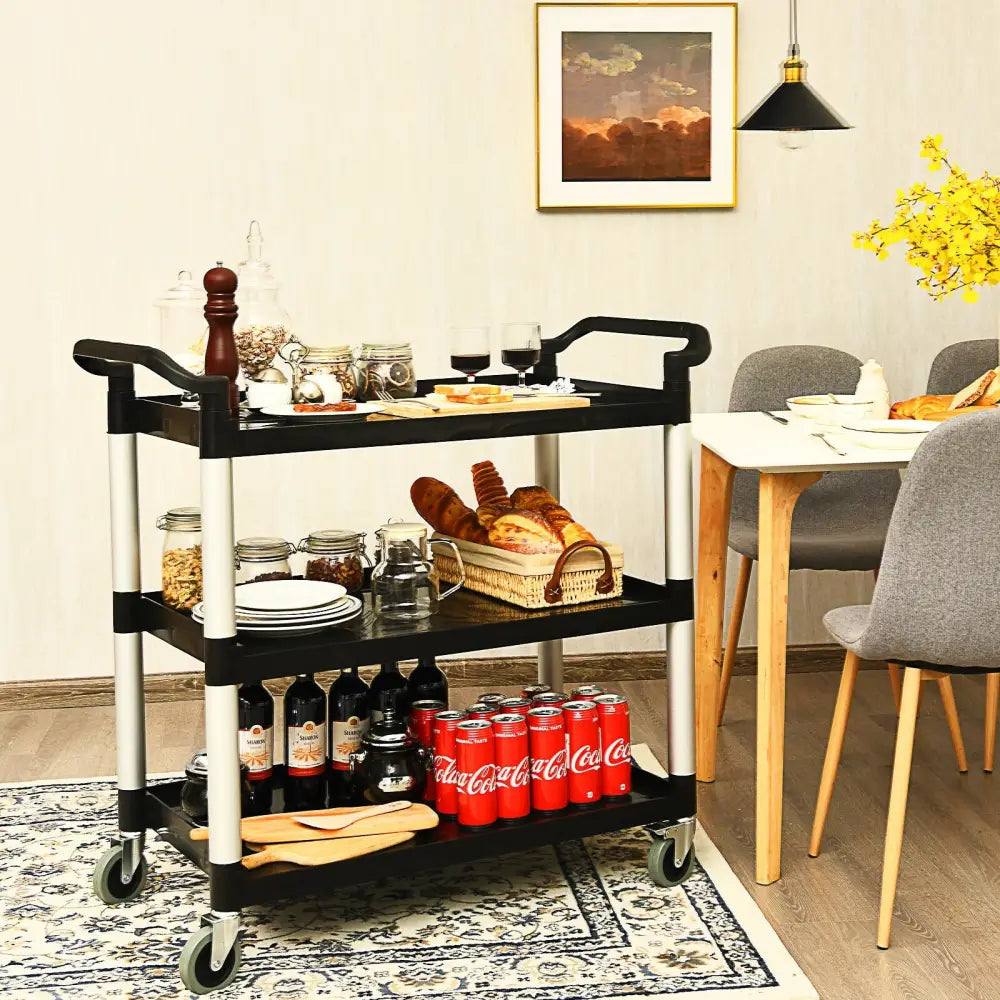 3-Shelf Utility Service Cart Aluminum Frame 490lbs Capacity with Casters - Black - Kitchen Islands & Carts