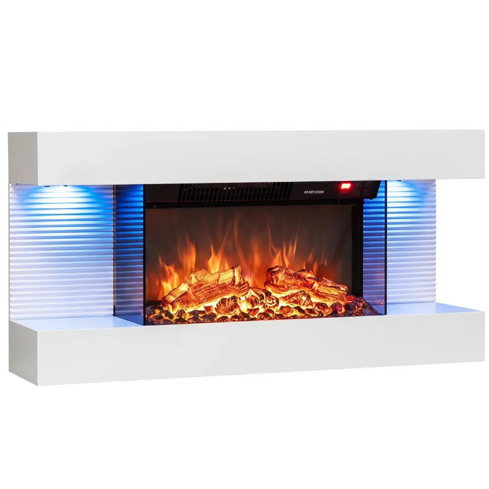 3-Sided White Wall Mount Electric WiFi Fireplace with Floating Mantel and 12 Flame Ambient Colors-32 inch - Fireplaces